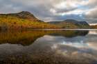 USA, Maine. Fall foliage and view of South Branch Pond and Travelers Mountain, Baxter State Park Landscape Print